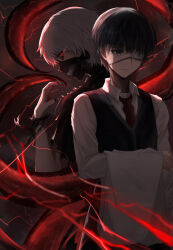 Rule 34 | 2boys, absurdres, achun, black hair, black shirt, black vest, collared shirt, dual persona, eyepatch, highres, kagune (tokyo ghoul), kaneki ken, long sleeves, mask, medical eyepatch, multiple boys, nail polish, necktie, red eyes, red necktie, shirt, short hair, smile, teeth print, tokyo ghoul, torn clothes, torn shirt, towel, towel on arm, vest, white hair, white shirt
