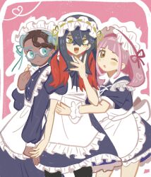 3girls :d ;o alternate_costume amarys_(pokemon) apron black_dress black_hair blue_eyes brown_eyes brown_hair carmine_(pokemon) closed_mouth colored_inner_hair crossed_bangs dark-skinned_female dark_skin dress eyelashes glasses hair_between_eyes han0579 heart highres lacey_(pokemon) long_sleeves looking_at_viewer maid maid_apron maid_headdress mole mole_under_eye multicolored_hair multiple_girls nintendo one_eye_closed open_mouth pink_hair pokemon pokemon_sv puffy_short_sleeves puffy_sleeves red_hair short_sleeves smile two-tone_hair yellow_eyes