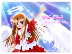 1990s_(style) 1girl 2001 angel arm_up artist_name bad_id blue_background blue_eyes blue_flower blush border brown_hair buttons center_frills commentary_request cowboy_shot dated dated_commentary feathered_wings flower frills halo highres long_hair looking_at_viewer merry_christmas open_mouth original parted_lips pink_flower puffy_short_sleeves puffy_sleeves red_skirt red_vest retro_artstyle shirt short_sleeves sidelocks skirt skirt_set smile solo sphere_(lr-project) traditional_halo vest white_border white_halo white_shirt white_wings wings