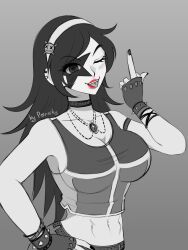 1girl asamiya_athena breasts curvy hair_ornament large_breasts long_hair middle_finger porniky psycho_soldier purple_hair shirt snk star_(symbol) star_hair_ornament star_tattoo tattoo the_king_of_fighters the_king_of_fighters_2002 tongue tongue_out wide_hips