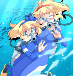 Rule 34 | 2girls, air bubble, alice margatroid, alice margatroid (pc-98), blonde hair, blue eyes, blue hairband, bodysuit, breasts, bubble, commentary request, commission, dairi, diving mask, diving regulator, diving suit, fish, flippers, floating hair, foot out of frame, goggles, hairband, hand on another&#039;s back, medium breasts, medium hair, multiple girls, one eye closed, pointing, red hairband, scuba gear, scuba tank, skeb commission, skin tight, touhou, touhou (pc-98), underwater, wetsuit