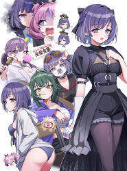 Rule 34 | 5girls, absurdres, aoi nadeshiko, ass, bikini, black bow, black corset, black dress, black skirt, blue bikini, blue eyes, blue hair, blush, bow, breasts, chair, chest sarashi, chewing gum, commentary request, corset, crossed bangs, dress, eyewear on head, gakuen idolmaster, gloves, green eyes, green hair, hair between eyes, hair bow, hands in pockets, hataya misuzu, highres, hood, hood down, hooded jacket, idolmaster, jacket, juo sena, kaya rinha, long hair, looking at viewer, mask, medium breasts, mole, mole under eye, mouth hold, mouth mask, multiple girls, multiple views, official alternate costume, on chair, open mouth, partially shaded face, pink hair, pizzasi, puffy short sleeves, puffy sleeves, purple eyes, purple hair, sarashi, short hair, short sleeves, showgirl skirt, simple background, skirt, smile, stalk in mouth, swimsuit, syngup! (idolmaster), translation request, tsukimura temari, twintails, white background, white gloves, white jacket, white mask