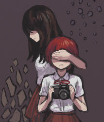 2girls black_hair brown_hair camera closed_mouth collared_shirt commentary_request covering_face covering_own_eyes danganronpa_(series) danganronpa_2:_goodbye_despair freckles from_side hair_over_eyes holding holding_camera koizumi_mahiru long_hair multicolored_hair multiple_girls namu_(nurui_cha) neck_ribbon pale_skin red_background red_ribbon red_skirt ribbon satou_(danganronpa) shirt short_hair short_sleeves simple_background skirt upper_body white_shirt