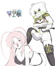 absurdres ahoge alternate_costume animal_ears antenna_hair antennae arthropod_girl asymmetrical_legwear belt black_belt black_bra black_panties blush boots bra breasts bug chibi cleavage_cutout clothing_cutout cockroach cockroach_girl cosplay costume_switch epaulettes ferret ferret_ears ferret_girl flower_on_chest gradient_hair green_eyes green_hair hackerling hair_between_eyes highres holding holding_whip insect laimu_(vtuber) looking_at_another looking_down matara_kan matara_kan_(military) medium_breasts military military_uniform monster_girl multicolored_hair necktie original panties pants sae_art scylla slime_(creature) thigh_boots thighhighs two-tone_hair underwear whip white_hair