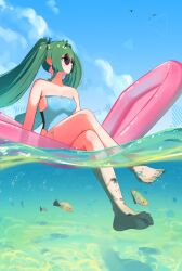 1girl alternate_costume aqua_nails armpit_crease bare_shoulders barefoot blue_one-piece_swimsuit blue_sky blush braided_sidelocks breasts cleavage closed_mouth collarbone commentary crossed_arms day english_commentary eyelashes feet fish green_hair hair_intakes hair_ribbon highres inflatable_raft legs long_hair medium_breasts nail_polish one-piece_swimsuit outdoors qingyi_(zenless_zone_zero) ribbon sitting sky soaking_feet soles solo sunglasses swimsuit tharacu toenail_polish toenails toes twintails very_long_hair zenless_zone_zero