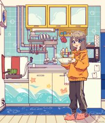 1girl :d ahoge black_pants black_socks blue_eyes blush_stickers bowl brown_hair commentary_request drawstring electrical_outlet fish_hair_ornament full_body hair_ornament highres holding holding_bowl hood hood_down hoodie indoors industrial_pipe kitchen ladle long_sleeves looking_at_viewer microwave notamaru_2 open_mouth orange_hoodie original outline pants red_slippers short_hair signature sink slippers smile socks solo standing ventilation_fan whisk white_outline