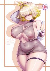 Rule 34 | 1girl, ahoge, alcohol, arm behind head, artist name, bare shoulders, belly, black panties, blonde hair, blush, breasts, center opening, champagne, champagne flute, cleavage, cleavage cutout, clothing cutout, commentary, cup, dress, drinking glass, elbow gloves, elegg (nikke), english commentary, evening gown, fang, gloves, goddess of victory: nikke, grey dress, hair over eyes, halter dress, halterneck, heart, heart ahoge, highleg, highleg panties, highres, huge breasts, large breasts, nipples, panties, panty peek, plump, puffy nipples, revealing clothes, revision, see-through clothes, see-through dress, sevie, short hair, sideboob, sideboob cutout, signature, skindentation, sleeveless, sleeveless dress, smile, solo, standing, tan, thick thighs, thigh strap, thighs, underboob, underboob cutout, underwear, white gloves, wide hips