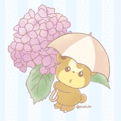 Rule 34 | animal focus, black eyes, blue background, bright pupils, commentary request, flower, full body, gen 2 pokemon, highres, holding, holding umbrella, looking at viewer, nintendo, no humans, open mouth, pokemon, pokemon (creature), purple flower, rio (rio0v0o), solo, teddiursa, twitter username, umbrella, white pupils