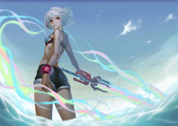Rule 34 | 10s, 1girl, absurdres, altera (casual vacances) (fate), altera (fate), ass, bare shoulders, blue sky, breasts, closed mouth, cowboy shot, cutoffs, dark-skinned female, dark skin, day, denim, denim shorts, energy sword, fate/extella, fate/extra, fate/grand order, fate (series), female focus, highres, holding, holding sword, holding weapon, looking at viewer, outdoors, photon ray (fate), red eyes, short hair, short shorts, shorts, sky, small breasts, solo, sword, tollrin-senpai, wading, weapon, white hair