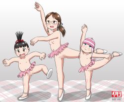 1girl agnes_(despicable_me) arm_up ballerina ballet_slippers beanie black_hair blonde_hair blue_eyes blush bow breasts brown_eyes brown_hair censored collarbone despicable_me edith_(despicable_me) flat_chest freckles glasses gradient_background grey_background grey_ribbon hair_ornament hair_ribbon hat loli long_hair looking_down looking_up margo_(despicable_me) marup naked_skirt navel nipples nude open_mouth pink_bow pink_hat pink_skirt ponytail pussy ribbon shoes short_hair skirt small_breasts smile standing standing_on_one_leg striped_clothes striped_headwear tiptoes topknot tutu white_shoes