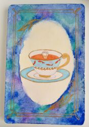 1other animal_focus blush cup fish floral_border flower food_focus harp_seal looking_at_viewer no_humans on_plate original painting_(medium) seal_(animal) sira5913 solo tea teacup traditional_media tulip watercolor_(medium)