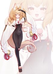 1girl absurdres animal_ear_fluff animal_ears bell black_bodysuit blonde_hair bodysuit braid choppy_bangs clothing_cutout fox_ears fox_girl fox_shadow_puppet fox_tail full_body gloves gradient_hair highres hokori_kei indie_virtual_youtuber looking_at_viewer multicolored_hair nido_celisius okobo open_mouth partially_fingerless_gloves platform_sandals red_nails sandals second-party_source shoulder_cutout shrug_(clothing) sidelocks tail thick_eyebrows toeless_legwear twin_braids very_long_tail virtual_youtuber white_background white_hair white_shrug wide_sleeves