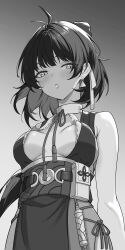 1girl absurdres adapted_costume antenna_hair areola_slip armpit_crease bare_shoulders birkai blush bow breasts breasts_apart commentary cowboy_shot dress earrings female_rover_(wuthering_waves) greyscale hair_bow hair_ribbon highres jewelry long_hair looking_at_viewer medium_breasts monochrome parted_lips ribbon rover_(wuthering_waves) solo triangle_earrings wuthering_waves