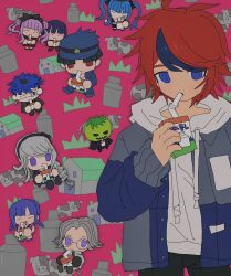 amemiya_darumi aotsuki_eito black_bow black_coat black_hair black_hat black_pants black_skirt blue_eyes blue_hair bottle bow chibi closed_eyes coat drinking eyepatch glasses grey_jacket hat hoodie jacket juice_box kirifuji_nozomi looking_at_viewer maruko_gaku mask mask_on_head milk_bottle mojiro_moko multicolored_hair omokage_yugamu oosuzuki_kurara pants pink_hair pleated_skirt ponytail purple_eyes purple_hair red_background red_eyes red_hair red_pants red_skirt shirt short_hair skirt striped_clothes striped_shirt sumino_takumi the_hundred_line_-last_defense_academy- tomato tsukumo_ima tsukumo_kako twintails white_hair white_hoodie white_pants white_skirt