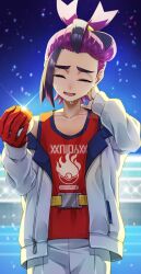 1boy black_hair closed_eyes commentary_request crying gloves hand_on_own_neck highres holding holding_poke_ball jacket kieran_(pokemon) long_sleeves male_focus mole mole_on_neck multicolored_hair nintendo open_clothes open_jacket open_mouth poke_ball poke_ball_(basic) pokemon pokemon_sv purple_hair red_gloves red_tank_top shakushaku_(nikutama) shorts single_glove solo sparkle tank_top tears twitter_username white_jacket white_shorts