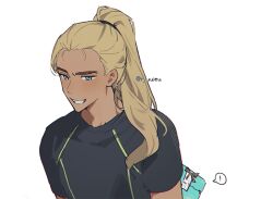 ! 1boy arms_behind_back black_shirt blonde_hair cliff_holden gift green_eyes grin hair_over_shoulder high_ponytail holding holding_gift looking_at_viewer male_focus our_life:_beginnings_and_always ponytail ryuuieu shirt smile solo spoken_exclamation_mark upper_body