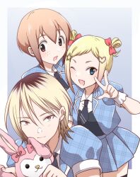 3girls ;d black_hair black_necktie black_vest blonde_hair blue_eyes blue_jacket blue_skirt border bow brown_eyes brown_hair character_doll closed_mouth collared_shirt commentary earclip earrings fang freckles gradient_background hair_between_eyes hair_bow hair_ornament hair_rings hairclip hand_up happy heart heart_hair_ornament hikaru_(ofuton_at5) holding holding_stuffed_toy idol_clothes jacket jewelry looking_at_viewer medium_hair minami_koharu miniskirt multicolored_hair multiple_girls necktie one_eye_closed open_mouth outside_border pink_bow plaid_clothes plaid_jacket plaid_skirt pleated_skirt puffy_short_sleeves puffy_sleeves red_eyes roots_(hair) school_uniform shirt short_hair short_necktie short_sleeves sidelocks skin_fang skirt smile split_mouth star_(symbol) star_hair_ornament stuffed_animal stuffed_rabbit stuffed_toy tanaka_mako two-tone_hair vest w watashi_ga_motenai_no_wa_dou_kangaetemo_omaera_ga_warui! white_border white_shirt wrist_cuffs yoshida_masaki