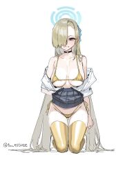 Rule 34 | 1girl, asuna (blue archive), bare shoulders, bikini, blonde hair, blue archive, blue eyes, blue halo, blush, breasts, choker, full body, gold bikini, gold thighhighs, hair over one eye, halo, kneeling, large breasts, long hair, looking at viewer, off shoulder, pleated skirt, sb (dlwnsrl1783), simple background, skindentation, skirt, smile, solo, swimsuit, thighhighs, thighs, very long hair