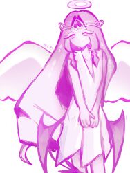 0409kishine 1girl absurdres angel angel_wings breasts cleavage colored_skin cookie_run cookie_run:_kingdom dress eternal_sugar_cookie halo highres long_hair looking_at_viewer pink_eyes pink_hair pink_skin smile solo very_long_hair white_dress wings