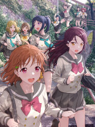 &gt;:( 6+girls :d ahoge aqua_necktie bag black_bag black_footwear black_hair black_socks black_thighhighs blonde_hair blue_eyes blue_hair blurry blurry_background bow bowtie braid branch brown_hair bush buttons carrying_bag collarbone comiket_101 cowboy_shot cross_hair_ornament day exercising fence full_body furrowed_brow green_eyes grey_hair grey_sailor_collar hair_bow hair_bun hair_ornament hand_up handbag highres jumping kunikida_hanamaru kurosawa_dia kurosawa_ruby leg_up long_hair long_sleeves looking_away looking_back love_live! love_live!_sunshine!! matsuura_kanan medium_hair multiple_girls necktie ohara_mari open_mouth orange_bow orange_hair outdoors pink_eyes pleated_skirt ponytail purple_eyes purple_hair red_bow red_hair rock running sailor_collar sakurauchi_riko school_uniform shamakho shirt shoes short_hair sidelocks skirt sky smile socks solid_eyes stairs standing swept_bangs takami_chika teeth thighhighs tsushima_yoshiko upper_teeth_only uranohoshi_school_uniform v-shaped_eyebrows watanabe_you white_skirt white_sky white_stripes yellow_eyes yellow_shirt