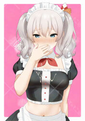 1girl alternate_costume apron blue_eyes blush breasts commentary_request covering_own_mouth enmaided eyelashes frills grey_hair hand_over_own_mouth kantai_collection kashima_(kancolle) looking_at_viewer maid maid_headdress medium_breasts midriff sakiecho sexually_suggestive short_sleeves simple_background solo twintails upper_body waist_apron wavy_hair