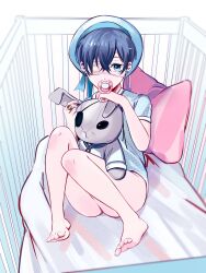 1boy absurdres adult_baby age_play androgynous ass barefoot bishounen blue_eyes blue_hair child ciel_phantomhive crib earrings eyepatch feet hat highres infantilism jewelry kuroshitsuji male_focus pacifier pillow ring stuffed_animal stuffed_rabbit stuffed_toy toes uneasywolf