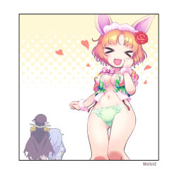 &gt;_&lt; 1boy 2girls animal_ears breasts cleavage frilled_hairband frills from_behind green_panties hairband hand_on_own_cheek hand_on_own_face heart heart_in_mouth highres iris_mysteria! kulcha_azte large_breasts moroheiya_(takushiage) multiple_girls navel open_mouth panties rabbit_ears rabbit_girl smile straight-on underwear yuu_(iris_mysteria!)