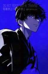 Rule 34 | 1boy, black hair, blue eyes, blue theme, fate/samurai remnant, fate (series), greyscale, greyscale with colored background, japanese clothes, kimono, looking at viewer, male focus, mayumi (tsunkatsu), miyamoto iori (fate), monochrome, short hair, solo, spot color, topknot, watermark