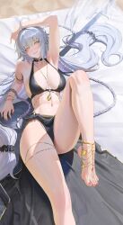 1girl absurdres ahoge armpits beach beach_mat bikini black_bikini breasts cleavage commentary fate/grand_order fate_(series) feet grey_hair highres jeanne_d&#039;arc_alter_(fate) large_breasts leg_up long_hair nail_polish navel parted_lips rasipan solo stomach swimsuit thighs toenail_polish toenails toes yellow_eyes