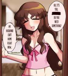 1girl artist_name azumanga_daiou bow bowtie breasts brown_hair cleavage closed_eyes commentary dialogue_box english_commentary english_text highres house housewife kimura&#039;s_wife mature_female medium_breasts midriff midriff_peek navel open_mouth opening_door pink_shirt shirt tank_top wavy_hair