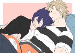Rule 34 | 2boys, amajiki tamaki, bean bag chair, black cardigan, black pants, blonde hair, blue eyes, blue hair, blush, boku no hero academia, book, border, cardigan, commentary request, crew neck, dark blue hair, hair between eyes, hand on another&#039;s back, head on another&#039;s shoulder, holding, holding book, leaning back, leaning on person, looking at another, male focus, messy hair, multiple boys, open book, open cardigan, open clothes, open mouth, outside border, pants, reading, shirt, short sleeves, striped clothes, striped shirt, tama4664amat, teeth, togata mirio, upper body, upper teeth only, white border, yaoi
