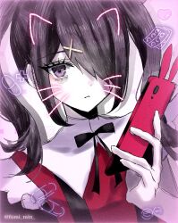 1girl ame-chan_(needy_girl_overdose) black_hair black_ribbon border cellphone closed_mouth collared_shirt drugs expressionless film_grain fumi_min hair_ornament hair_over_one_eye hair_tie hairclip hand_up heart highres holding holding_phone jirai_kei long_hair looking_at_viewer neck_ribbon needy_girl_overdose phone pill pink_background purple_eyes red_shirt ribbon selfie shirt smartphone solo suspenders twintails twitter_username upper_body whiskers x_hair_ornament