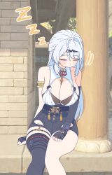 1girl absurdres against_pillar black_gloves black_shorts black_sleeves blush breasts closed_eyes fingerless_gloves game_screenshot_background gloves hair_ornament hairclip high-waist_shorts highres large_breasts long_hair mole mole_on_breast parangmuru saliva screenshot_background shorts single_sleeve single_thighhigh sleeping solo thighhighs white_hair yin_yang_pin yixuan_(zenless_zone_zero) zenless_zone_zero zzz