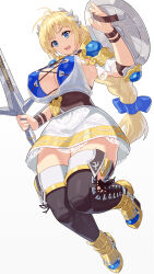 1girl absurdres ancient_greek_clothes blonde_hair blue_eyes boots braid breasts cleavage commission fighting_game greco-roman_clothes green_eyes highres holding holding_shield large_breasts laurel_crown long_hair pixiv_commission shield shoulder_pads single_braid solo sophitia_alexandra soul_calibur sword thighhighs weapon white_background yagi2013