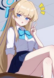 1girl blonde_hair blue_archive blue_bow blue_bowtie blue_eyes blue_halo blue_skirt blush bow bowtie collared_shirt commentary_request crossed_legs hair_bow halo highres io9 long_hair long_sleeves looking_at_viewer miniskirt open_mouth pleated_skirt school_uniform shirt shirt_tucked_in sitting skirt sleeves_rolled_up solo toki_(blue_archive) toki_(school_uniform)_(blue_archive) v white_shirt