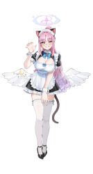 1girl absurdres alternate_costume alternate_hairstyle animal_ears apron black_dress black_shoes blue_archive blue_bow blue_bowtie blush bow bowtie breasts cat_ears cat_tail cleavage commentary_request covered_erect_nipples dress enmaided fingernails frilled_apron frilled_hairband frills full_body grin hairband halo hand_up high_heels high_ponytail highres kemonomimi_mode large_breasts long_hair looking_at_viewer maid maid_headdress mika_(blue_archive) pink_hair pink_halo ponytail shoes simple_background smile solo standing tai_saka tail thighhighs very_long_hair white_apron white_background white_hairband white_thighhighs white_wrist_cuffs wrist_cuffs yellow_eyes zettai_ryouiki
