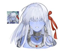 1girl bare_shoulders blue_eyes blue_skin breasts cleavage closed_eyes collarbone colored_skin earrings fate/grand_order fate_(series) grin hair_ribbon highres jewelry kali_(fate) large_breasts long_hair neck_ring necklace nyokinyoki_18 off_shoulder photo-referenced ribbon silver_trim smile solo third_eye white_hair