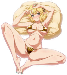 1girl armpits bikini blonde_hair blush breasts ear_blush full_body gold_bikini green_eyes green_nails hair_between_eyes highres knees_apart_feet_together large_breasts looking_at_viewer medium_hair mizuhashi_parsee navel nose_blush on_cushion ootsuki_wataru pointy_ears skindentation solo swimsuit touhou twitter_username white_background