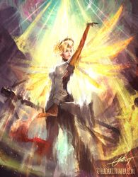 1boy 1girl absurdres arm_up backlighting bastion_(overwatch) blonde_hair blue_eyes bodysuit breasts cowboy_shot epic genji_(overwatch) glowing glowing_wings halo high_ponytail highres holding holding_staff large_breasts light_beam lips long_hair looking_up mechanical_halo mechanical_wings mercy_(overwatch) narutocuhh overwatch overwatch_1 pantyhose parted_lips ponytail resurrection signature solo_focus spread_wings staff watermark web_address wings yellow_wings