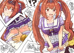 !? 1boy 1girl animal_ears ass brown_hair close-up daiwa_scarlet_(umamusume) fang hand_on_another&#039;s_thigh highres horse_ears horse_girl horse_tail hyokun1004 looking_at_viewer looking_back panties red_eyes red_panties school_uniform skin_fang surprised tail team_spica&#039;s_trainer thick_thighs thighhighs thighs tiara tracen_school_uniform trainer_(umamusume) twintails umamusume underwear white_thighhighs zettai_ryouiki