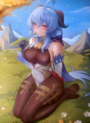 Rule 34 | 1girl, absurdres, ahoge, bare shoulders, bell, black bodysuit, blue hair, blue sky, bodystocking, bodysuit, breasts, covering own mouth, cowbell, detached collar, detached sleeves, flower, full body, ganyu (genshin impact), genshin impact, gloves, goat horns, gold trim, grass, highres, horns, large breasts, long hair, looking at viewer, no shoes, on grass, outdoors, ponytail, puppnet, purple eyes, red rope, rope, sideboob, sky, solo, vision (genshin impact)