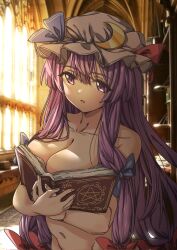1girl book book_on_breasts bow breasts crescent dashazi26944690 hair_bow hat highres holding holding_book large_breasts long_hair nude patchouli_knowledge purple_eyes purple_hair touhou