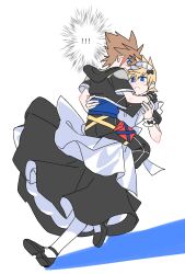 ! !! 2boys alternate_costume apron black_shoes blonde_hair blue_eyes blush carrying carrying_person crossdressing crossdressing_(mtf) dress enmaided highres holding kingdom_hearts maid maid_headdress male_focus multiple_boys roxas shoes short_hair sora_(kingdom_hearts) sweatdrop white_background yaoi zcx21177061994