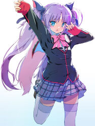 Rule 34 | 1girl, akayama yukihe, black jacket, blue eyes, bow, collared shirt, grey skirt, highres, jacket, little busters!, long hair, pink bow, plaid clothes, plaid skirt, pleated skirt, purple hair, purple thighhighs, sasasegawa sasami, school uniform, shirt, simple background, skirt, solo, thighhighs, two side up, white background
