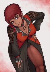 Rule 34 | 1girl, breasts, brown hair, cleavage, curvy, dark-skinned female, dark skin, dress, earrings, female focus, formal clothes, hand on own hip, huge breasts, jewelry, joyful joe, joyfuljoee, large breasts, long sleeves, muscular, pantyhose, red eyes, see-through clothes, short hair, shorts, skirt, smile, standing, suit, tan, the king of fighters, thick thighs, thighs, toned, vice (kof), wide hips