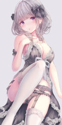 1girl babydoll bare_arms bare_shoulders breasts cleavage curly_hair garter_belt garter_straps gothic_lolita hair_ornament hair_ribbon highres leg_up lolita_fashion medium_breasts missile228 original panties ribbon short_hair skirt spiral thighhighs underwear white_background