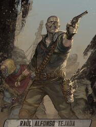 1boy 2girls armor bald bandolier belt blonde_hair blue_skin colored_skin english_text facial_hair fallout fallout:_new_vegas fingerless_gloves ghoul_(fallout) gloves gun handgun heart heart-shaped_eyewear highres holster lily_bowen multiple_girls mustache pauldrons penett radio_tower raul_tejada revolver shoulder_armor single_pauldron weapon wig