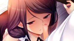 1boy 1girl age_difference asymmetrical_bangs belt black_hair black_ribbon black_skirt bow brown_belt brown_shirt close-up clothed_sex collared_shirt erection foreskin from_above fumio_(ura_fmo) game_cg grisaia_(series) grisaia_no_rakuen hair_between_eyes hair_over_shoulder half-closed_eyes imminent_fellatio incest kazami_satoko kazami_yuuji kneeling leaning_forward light_blush long_eyelashes long_hair looking_at_another looking_at_penis mature_female mother_and_son narrowed_eyes neck_ribbon non-web_source official_art on_bed onee-shota out_of_frame parted_bangs parted_lips penis penis_out phimosis portrait raised_inner_eyebrows red_eyes ribbon shirt shota skirt small_penis solo_focus sparkling_eyes thick_eyelashes variant_set white_bow white_shirt yellow_shirt