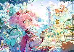 1girl aqua_eyes cat_princess chimera cup flower food gradient_hair hat holding holding_cup honkai:_star_rail honkai_(series) hyacine_(honkai:_star_rail) little_ica_(honkai:_star_rail) macaron multicolored_hair open_mouth pegasus red_hat twintails wings