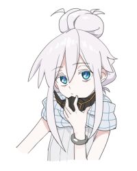 1girl blue_eyes closed_mouth commentary_request cropped_torso deux_murasame freckles grey_hair grey_shirt gundam gundam_gquuuuuux kawama_shuusuke long_hair mask mask_pull mouth_mask scarf shirt sleeveless sleeveless_shirt solo updo upper_body white_background